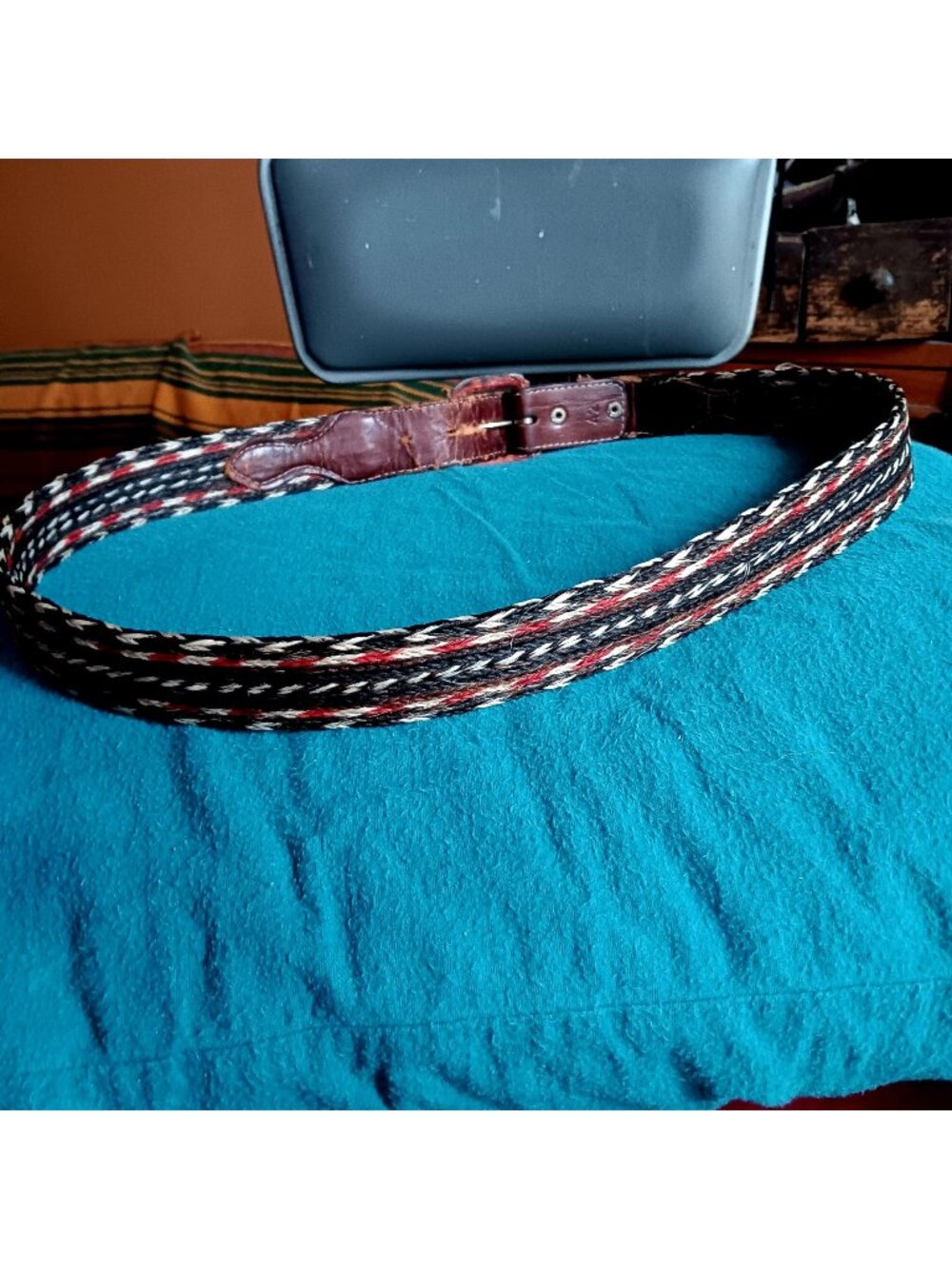 True Vintage Horsehair Woven Cowboy Belt Tooled Leather Braided Horsehair 1970s